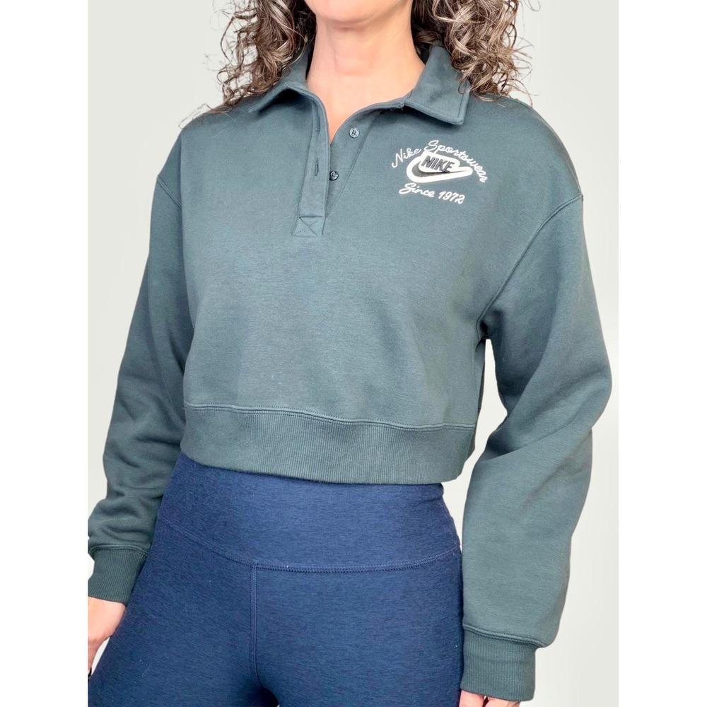 Nike Phoenix Fleece Cropped Polo Sweatshirt Seaweed Green IM7486-390 S